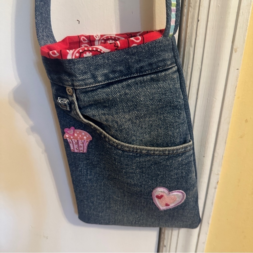 Handcrafted Upcycled Denim Bag lined Cupcake Heart patches lined bandanna boho